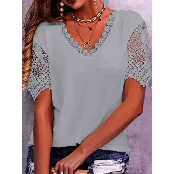 Summer Lace Tops Loose V Neck Short Sleeve Casual top - EX-STOCK CANADA
