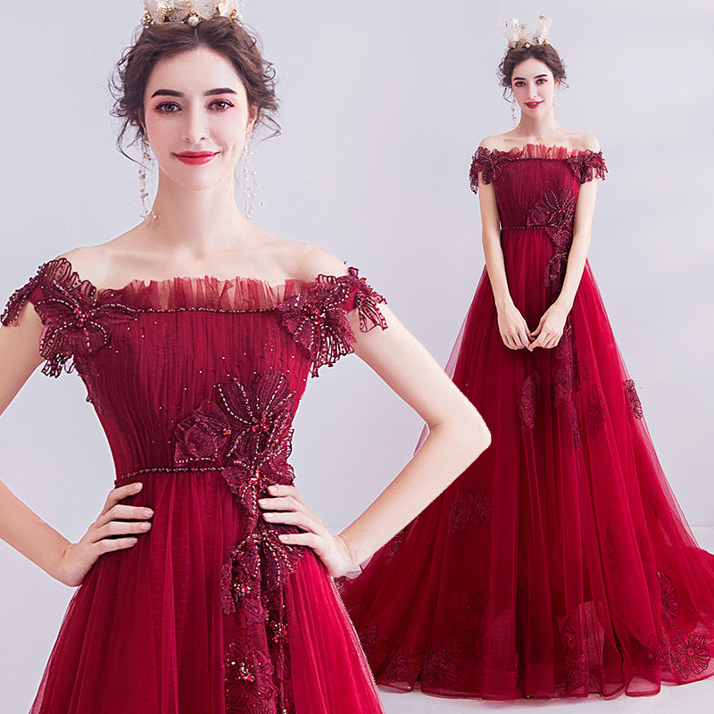 Fashionable Red One-shoulder Wedding Toast Dinner Annual Party Bridesmaid Dress Skirt