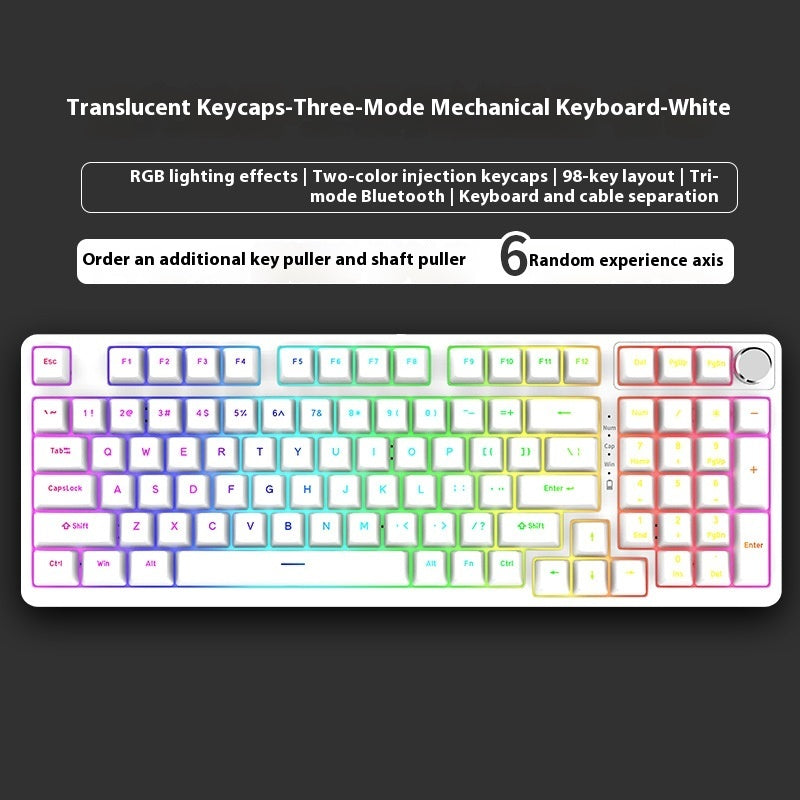 Translucent keycaps three-mode mechanical keyboard with RGB lighting effects on a black background