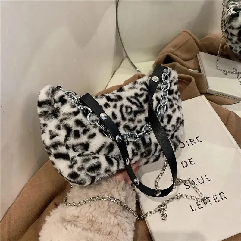 Leopard Pattern Plush Bag Personality Diagonal Women Bag Chain Shoulder Bag - EX-STOCK CANADA