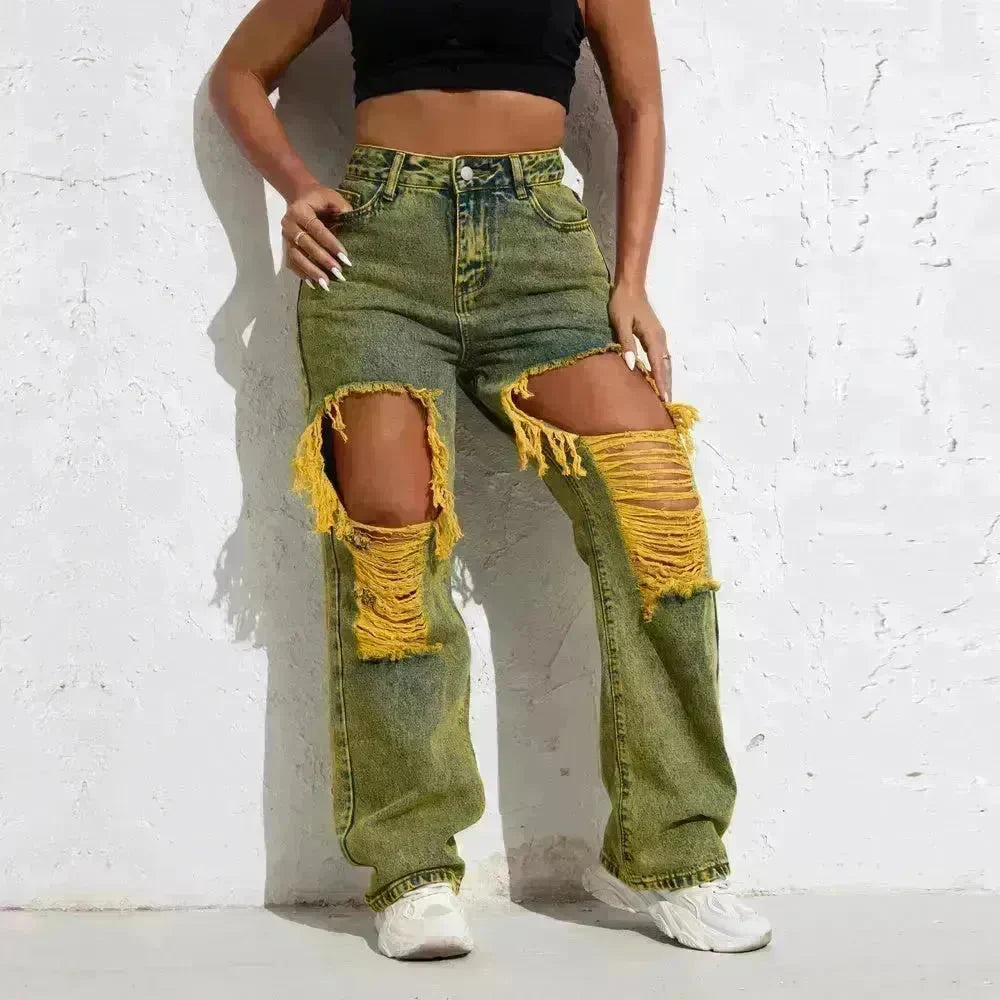 Shascullfites Melody Yellow Wash Streetwear Split Loose Straight Ripped Baggy Jeans Y2K Retro Women Denim Pants - EX-STOCK CANADA