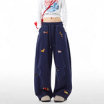 Lazy  Sausage Dog Embroidered Machete Sweatpants Autumn Loose Casual 