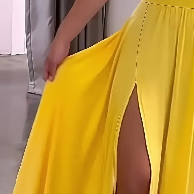 Elegant V Neck Summer Maxi Slit Dress Spaghetti Strap High Slit Long Dress EX-STOCK
