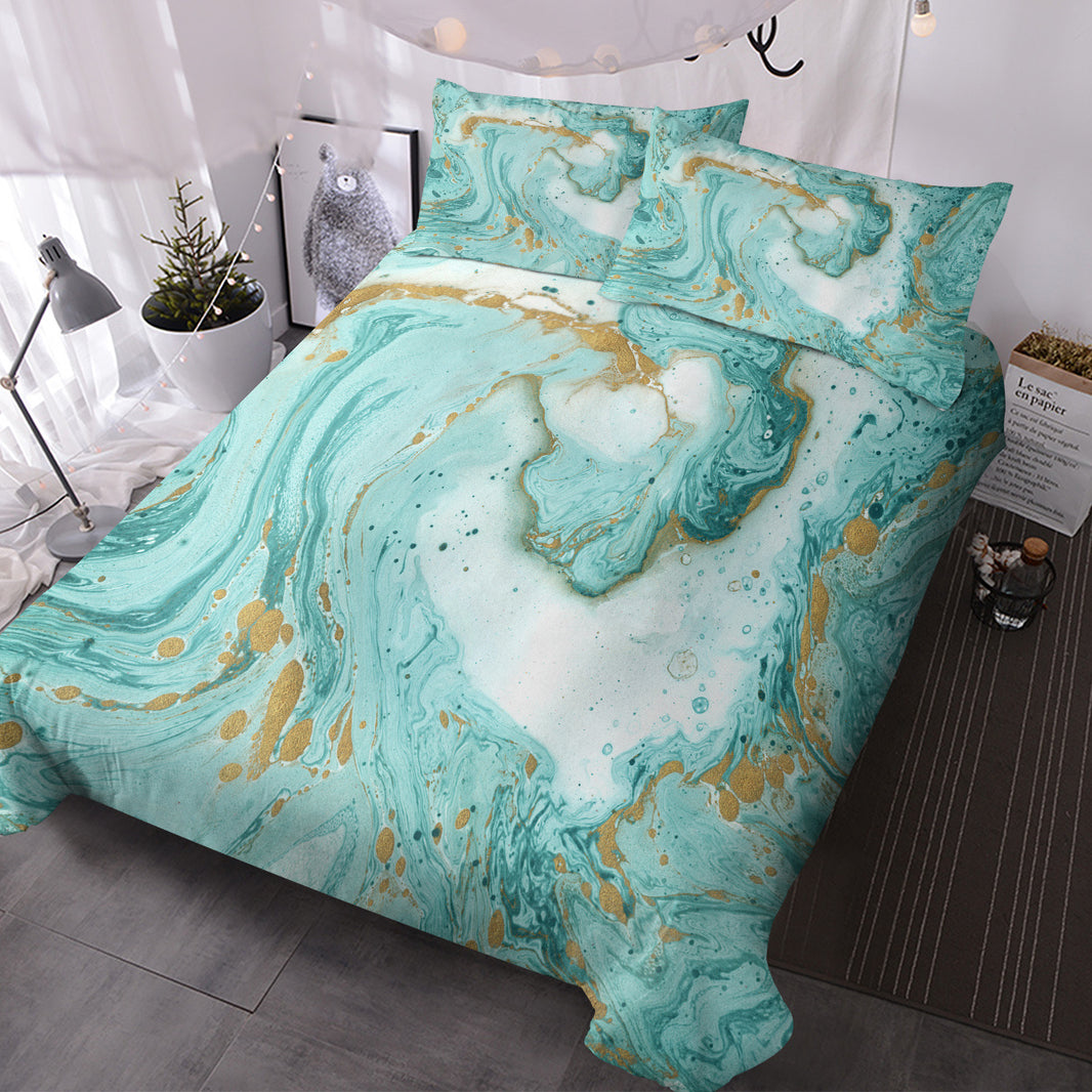 Chic Girly Marble Duvet Cover Mint Gold Glitter Turquoise Bedding Comforter Set Abstract Aqua Teel Blue Duvet Cover EX-STOCK Canada 
