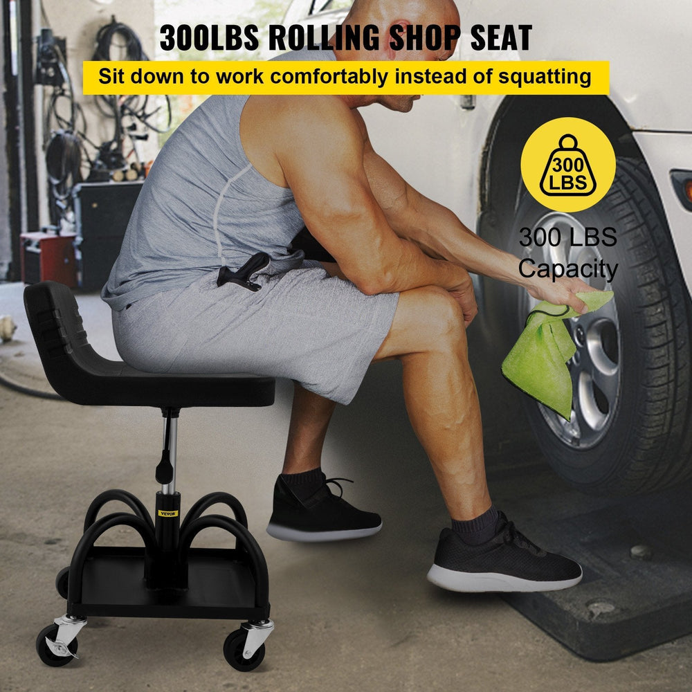 Rolling Garage Stool, 300LBS Capacity, Adjustable Height From 15.7 In To 20.5 In, Mechanic Seat With 360-degree Swivel Wheels And Tool Tray, For Workshop, Auto Repair Shop, Black EX-STOCK