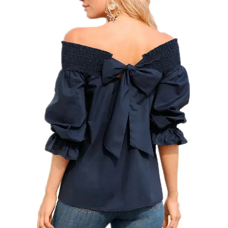 Spring Summer Women Off Shoulder Strapless Blouse top Bowknot Slash Neck Casual Loose Plus Size top - EX-STOCK CANADA