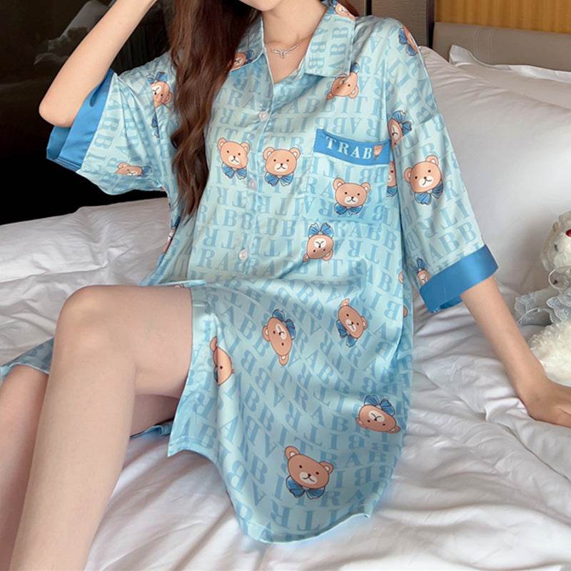 Striped Shirt Dress Short Sleeve Plus Size Loose Pajamas For Women - EX-STOCK Canada