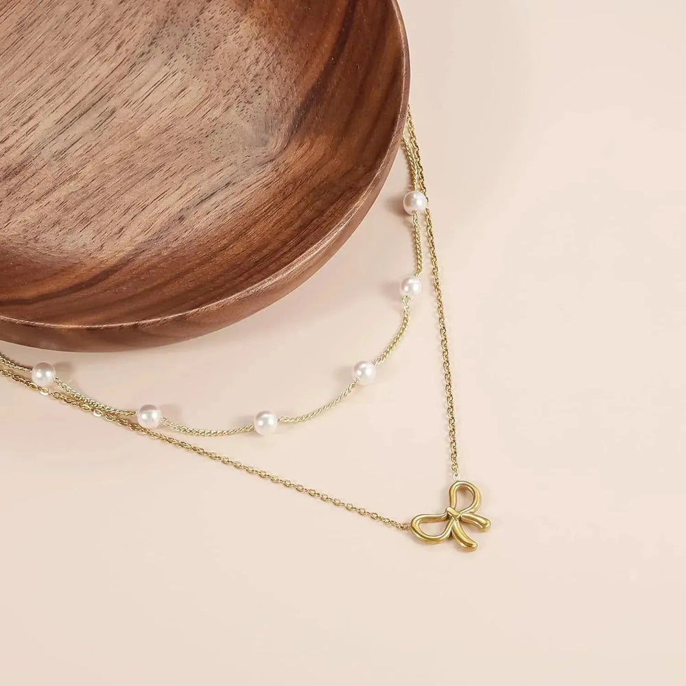 Simple Pearl Double Layer Choker Fashion Gold Color Necklaces Chain Small Bow Pendant Necklace Jewelry Gifts For Women Fashion Jewelry Valentine's Day Gifts - EX-STOCK CANADA