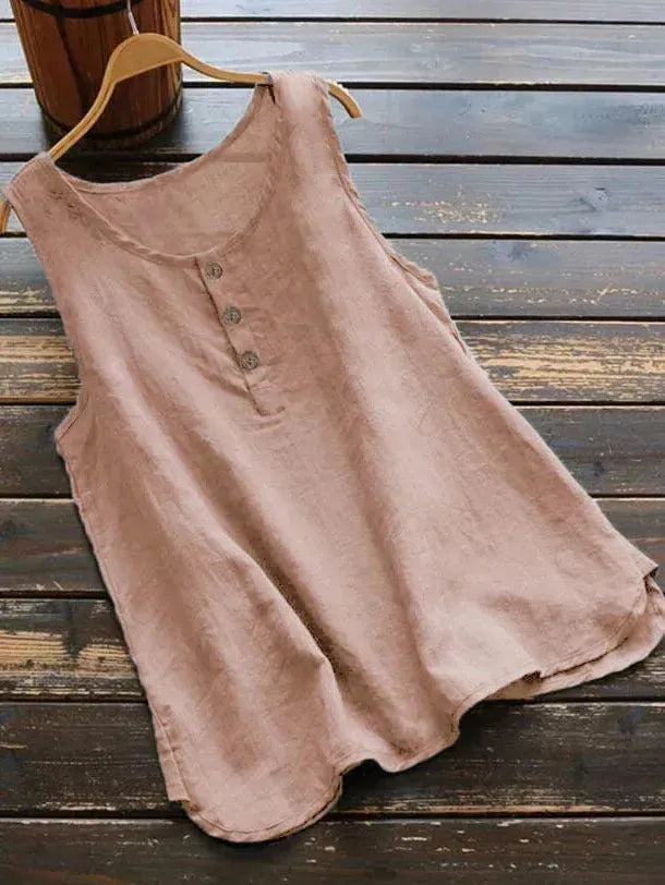 Solid Color Round Neck Loose Casual Vest Cotton Linen summer blouse top for Women - EX-STOCK CANADA