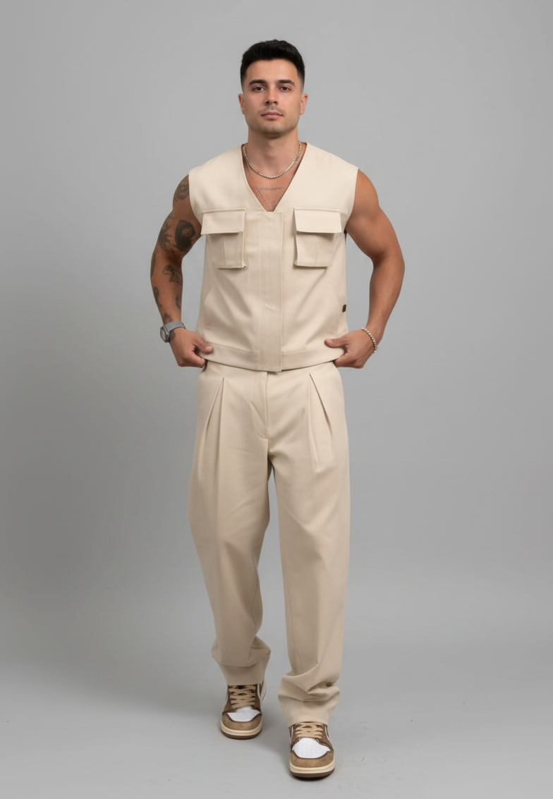 A man modeling a light beige sleeveless utility vest and matching wide-leg trousers set, paired with beige sandals, against a neutral gray studio background.