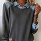 Gray sweatshirt with denim collar and cuffs worn by a person.
