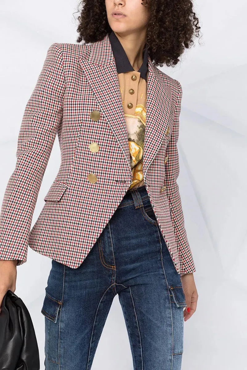 Houndstooth Small Jacket Women Long-Sleeved Double-Breasted Plaid Blazer - EX-STOCK CANADA