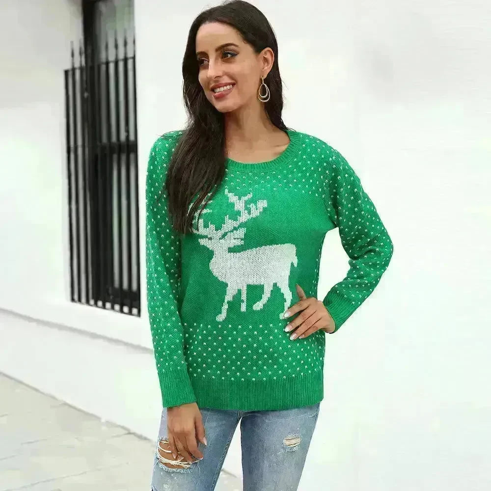 Fawn Reindeer jacquard christmas sweater Round neck women - EX-STOCK CANADA
