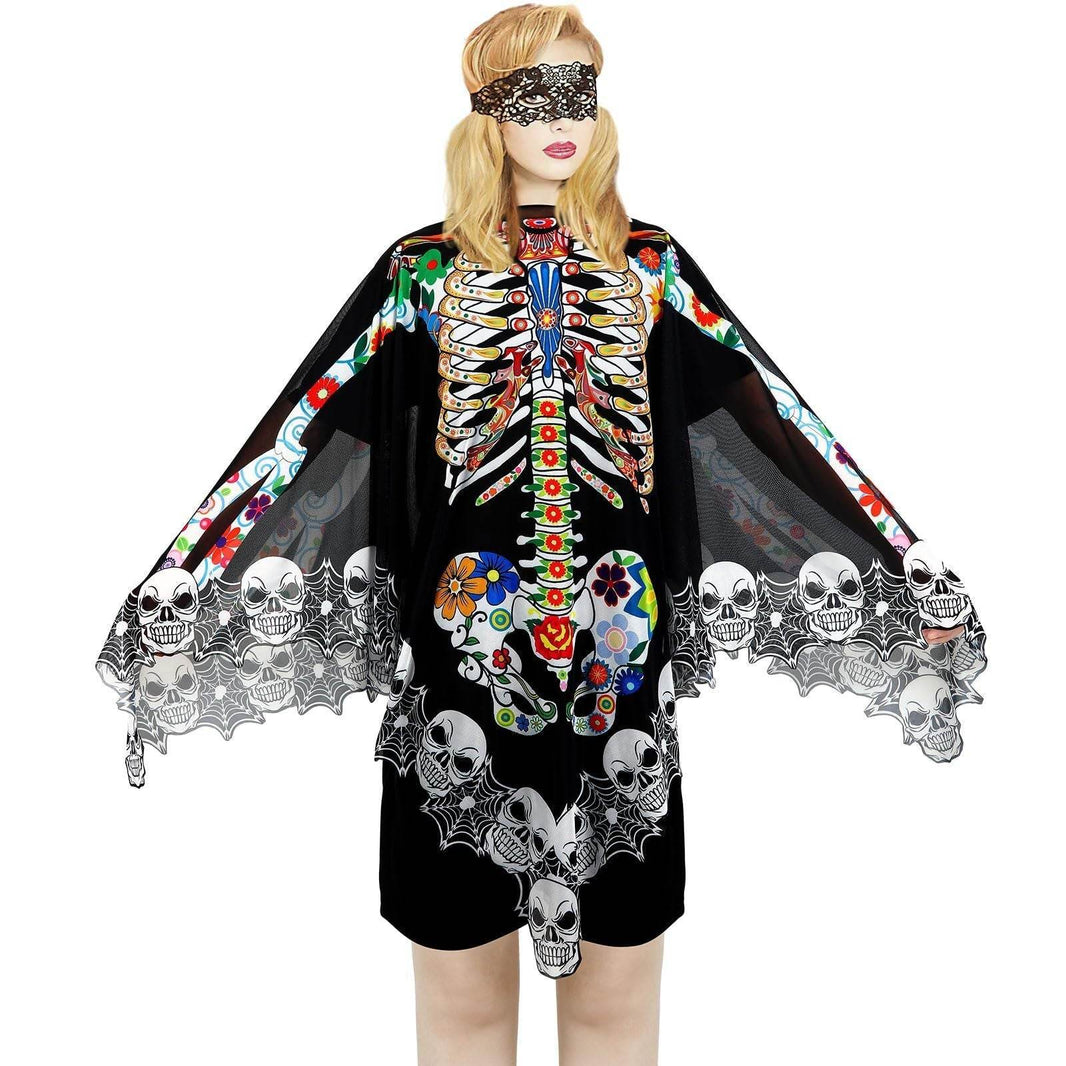 Halloween Skeleton Poncho, Lace Skeleton Halloween Costume Poncho Day Of The Dead Colorful Poncho For Women, 59 Inchx59 Inch-Cannot Be Listed On Amazon Platform EX-STOCK
