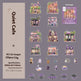 Packaging of 'Quiet Cafe' stickers with illustrated cafe designs on a gray background.