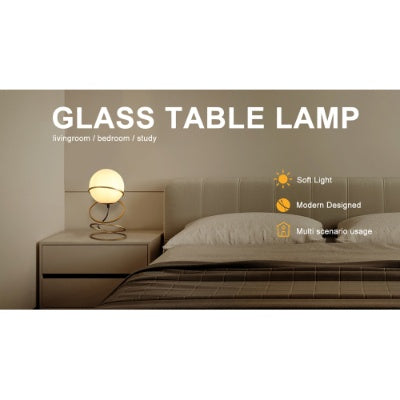 13.5 H Glass Globe Matte Gold Spiral 4 Ring Metal Stand Table Lamp For Living Room, Nightstand Bedside Table Lamp For Bedroom, LED Lamp EX-STOCK