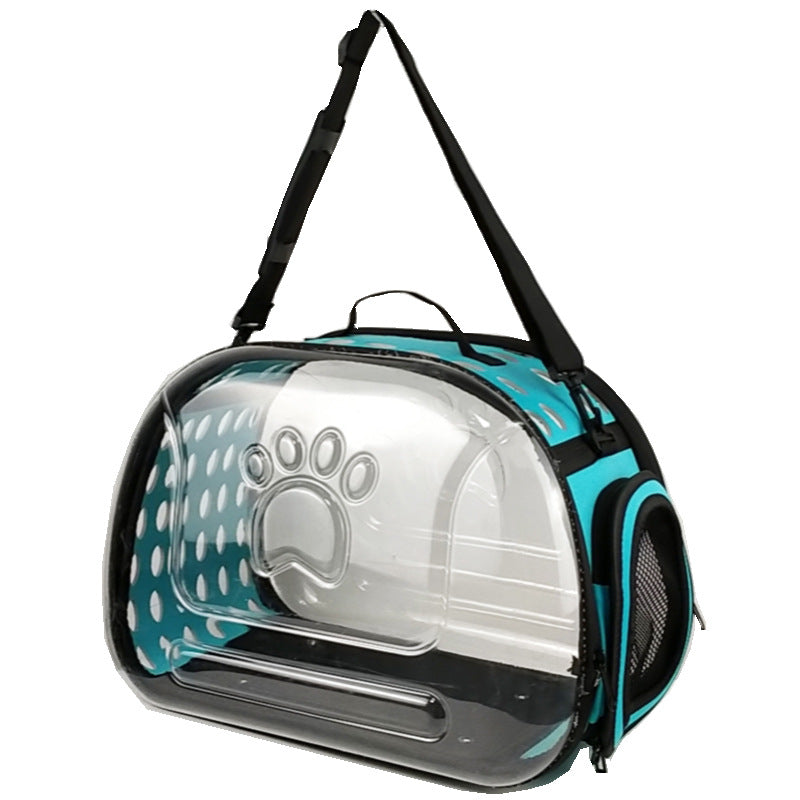 Pet carrier with transparent front panel and teal accents on a white background