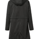 A black hooded raincoat shown from the back, featuring a high collar, long sleeves, and a central front zipper, displayed on a solid white background.