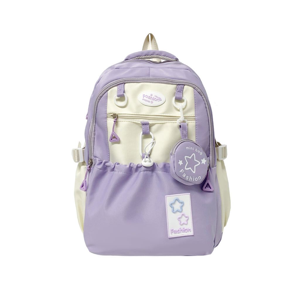 Purple and beige backpack with visible brand logos on a white background