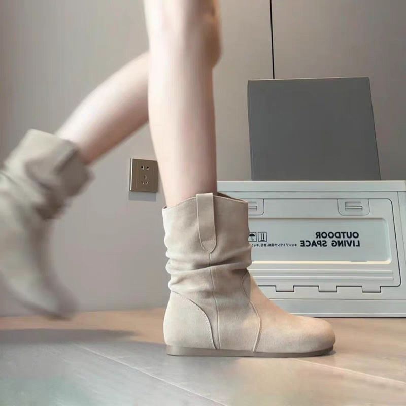 Bottes plates décontractées pour femmes | Bottes mi-mollet aspect daim Kaki & Camel
