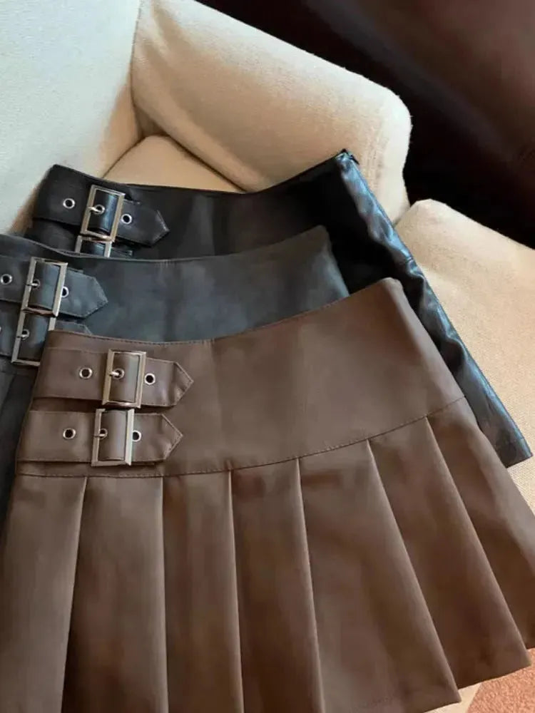 Women's American-style Vintage Mini  Pleated Leather Skirt - EX-STOCK CANADA