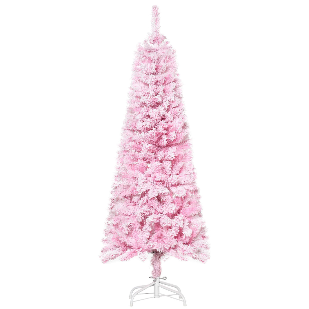 5 FT Snow Flocked Artificial Christmas Tree, Pencil Xmas Tree With Realistic Branches, Auto Open And Steel Base, Pink EX-STOCK Canada 