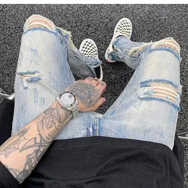 Destroyed ripped Denim jeans Pant men straight leg men