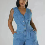Fashion Casual Sleeveless High Waist Women's Denim Shorts Suit Denim 2 piece sets - EX-STOCK CANADA