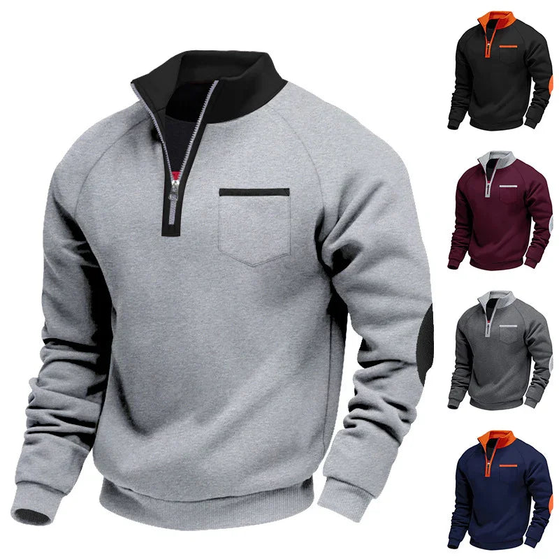 Men's Fleece-lined Heavy-duty Warm Zip-up Stand Collar Patchwork Stylish Casual Long-sleeve Sweatshirt EX-STOCK Canada 