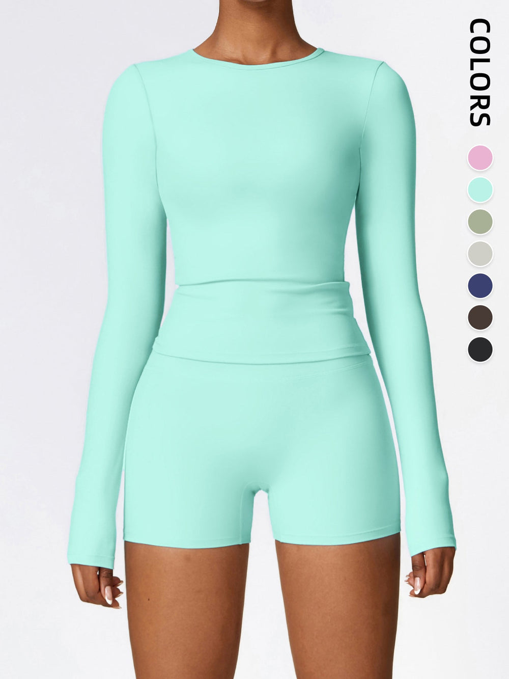 Women's Four Seasons Sports Suit, Women's Long Sleeve Round Neck Sports T-shirt And High Waist Tight Shorts Yoga Suit. EX-STOCK