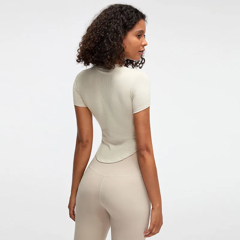 Rib Sports Short-sleeved Blouse With Chest Pad Workout Clothes Running T-shirt Beauty Back Tight - EX-STOCK CANADA
