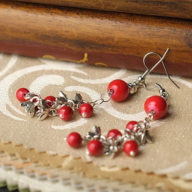 Ethnic Style Jewelry Red Pearl Seedling Silver Beaded Earrings - EX-STOCK CANADA