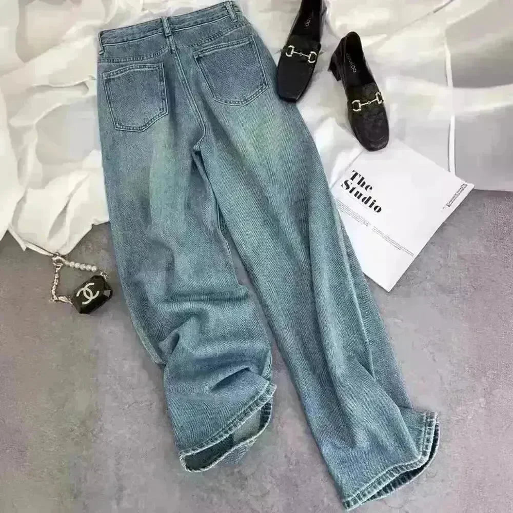 Starry Diamond In The Debris Rhinestone Straight Baggy Jeans Pant For Women - EX-STOCK CANADA