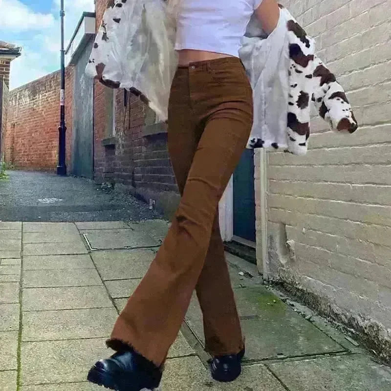 Brown High Waist Stretch Bootcut Jeans Women Casual Pants - EX-STOCK CANADA