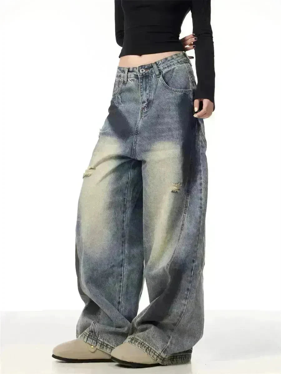 Splash Ink Ripped Machete Baggy Jeans Pant For Women Loose-fitting Wide-leg Trousers - EX-STOCK CANADA