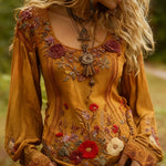 Grass And Flower Embroidered Linen Shirt EX-STOCK Canada 