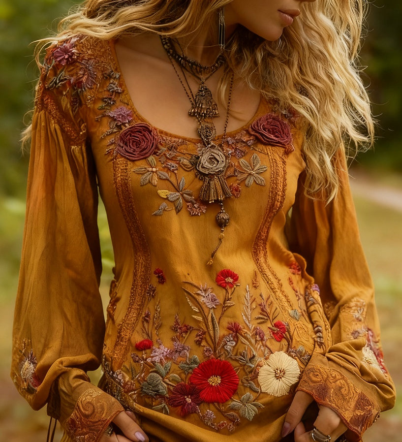 Grass And Flower Embroidered Linen Shirt EX-STOCK Canada 