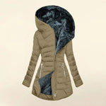 Brown puffer jacket with a fur-lined hood on a beige background
