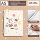 A5 size soft toffee notebook with cute cartoon illustrations of a cat and rabbit, shown alongside feature callouts for removable hinges and writing comfort.