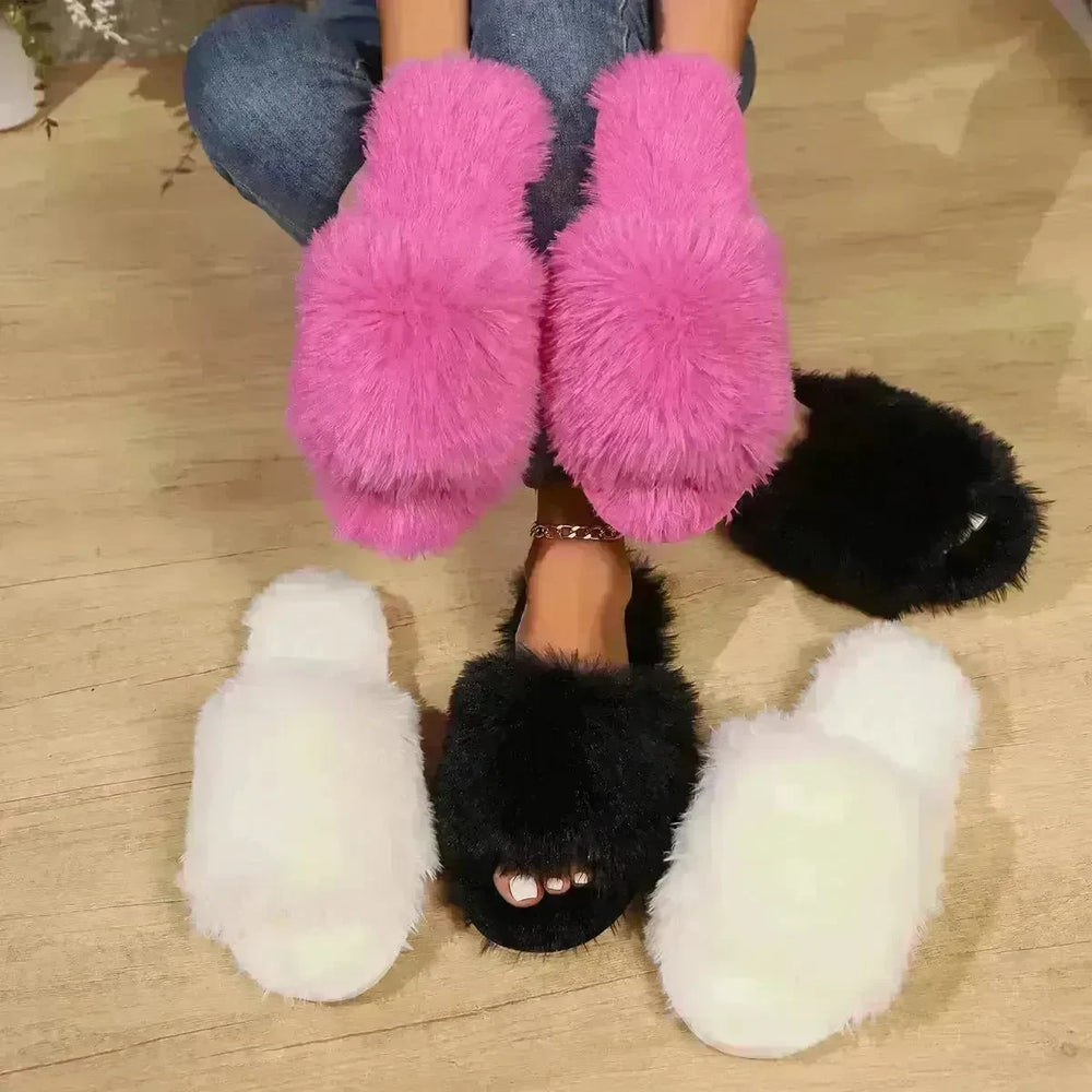 Fashion Open-toed Plush Slippers Winter Warm Indoor Bedroom Floor Soft Fluffy Slipper For Couple Solid Color House Shoes Women - EX-STOCK CANADA