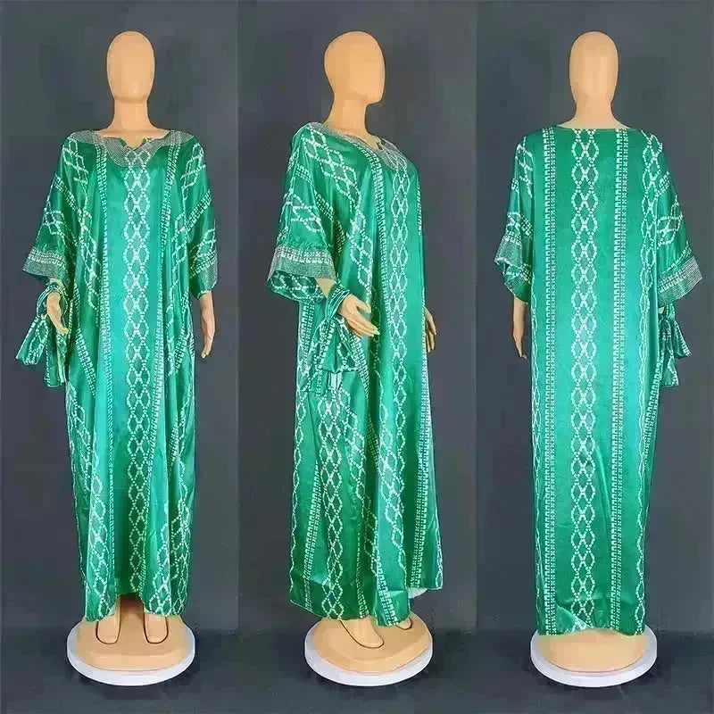 Middle East Striped Loose Robe African Dubai Arabic Satin Hot Drilling Stitching Abaya Buba Dress - EX-STOCK CANADA