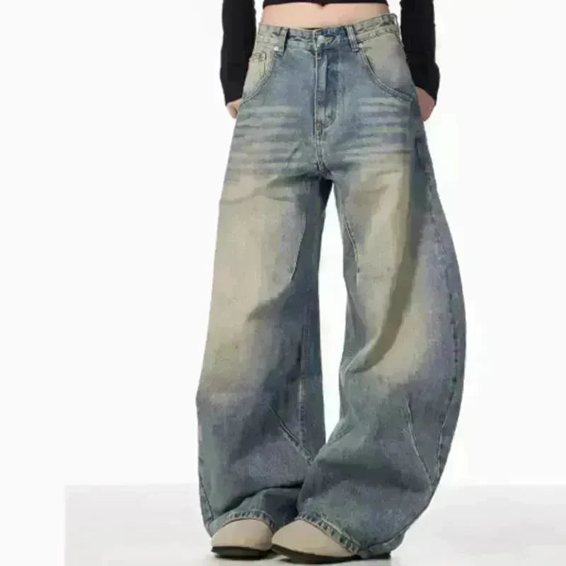 American Retro Washed Distressed Loose Wide-leg Baggy Jeans Pant For Women - EX-STOCK CANADA