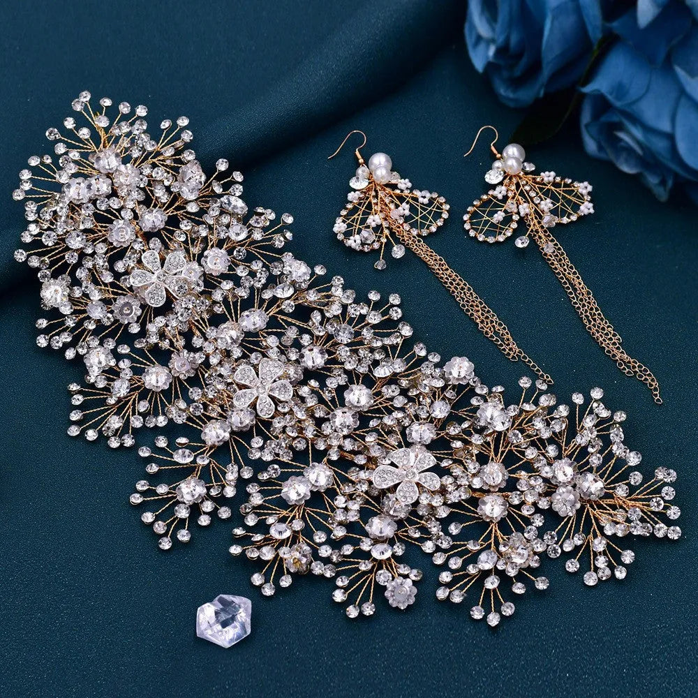 Luxury and Elegant Bridal Flower Rhinestone Headband Fashion Accessories set - EX-STOCK CANADA