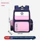 Pink and blue backpack with measurements on a white background