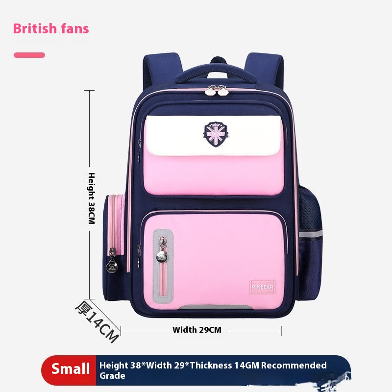 Pink and blue backpack with measurements on a white background