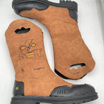Pair of brown work boots with black soles on a white background