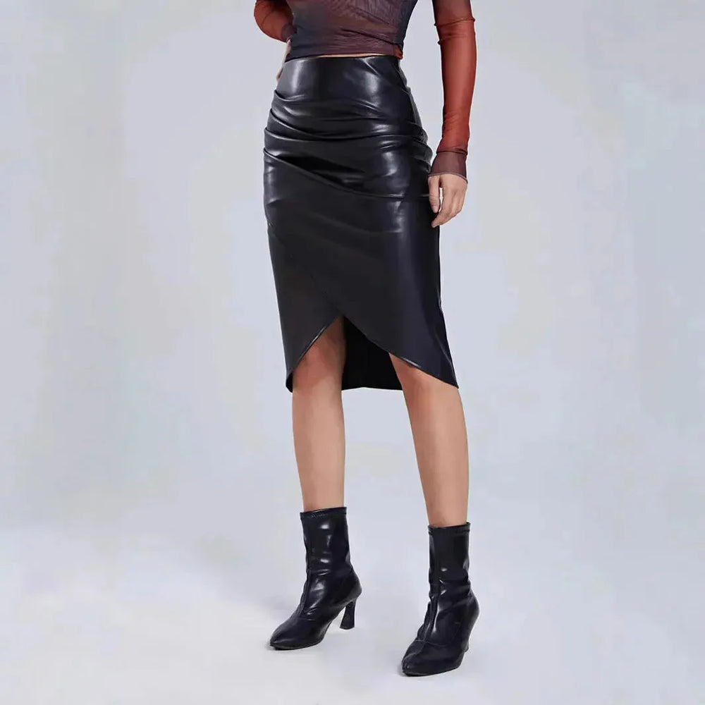 Front Split Leather Skirt Formal Office Work High Waist Sheath midi black Skirt - EX-STOCK CANADA