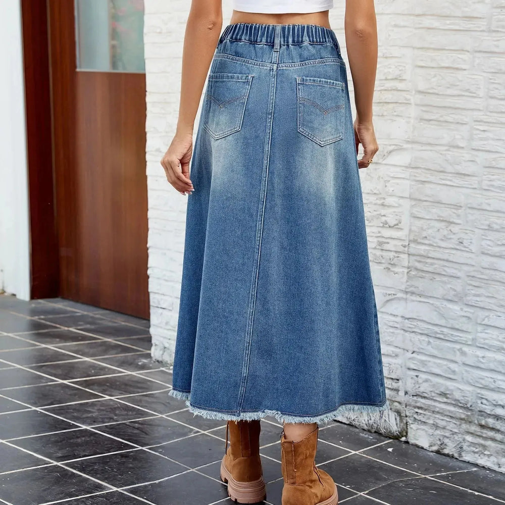 European And American Washed Frayed Hem Blue Denim Midi Skirt - EX-STOCK CANADA