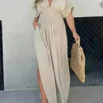 Fashion Bat-sleeved V-neck Slit Dress Summer Beach Short Sleeve Elastic Waist Split Long Dresses Womens Clothing - EX-STOCK CANADA