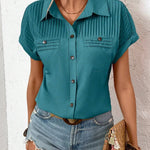 Lapel Shoulder Pleated Pocket Short Sleeve Top Shirt T-shirt Women - EX-STOCK CANADA